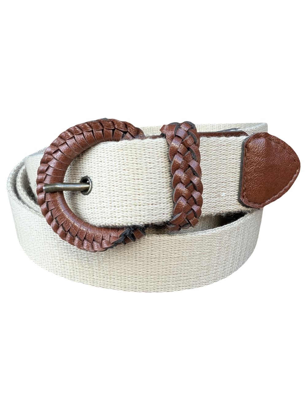 Cream Canvas Belt Brown Faux Leather Braided Buckle | Size L XL